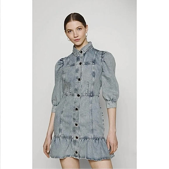 River Island Tinker T Frill Mini Denim Shirt Dress in Light Blue - Picture 16 of 16
